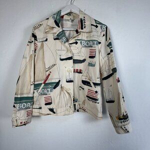 Norm Thompson Womens Nautical Print Button-Front Jacket Medium Ivory Sailboat